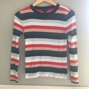 Halogen- Striped ribbed knit cotton light weight scoop neck sweater.